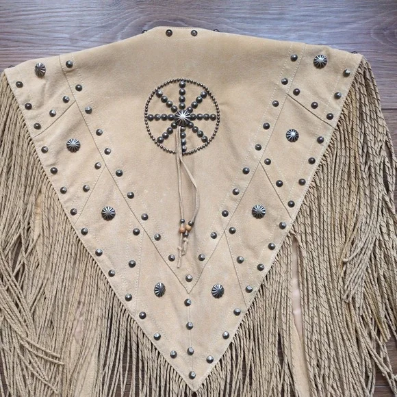 Cripple Creek Vest Tan Leather Fringe Studded Western Capelet Poncho Festival OS - Picture 11 of 14